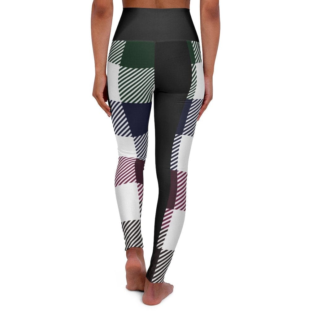 Women’s Yoga Pants Black Multicolor Plaid Print High Waist Fitness Leggings -