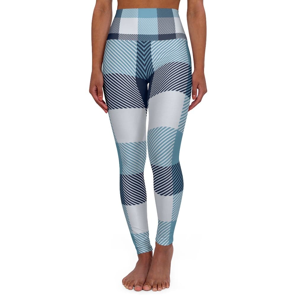 Womens High-waist Fitness Legging Yoga Pants Blue White Plaid - Womens