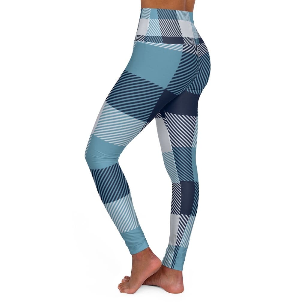 Womens High-waist Fitness Legging Yoga Pants Blue White Plaid - Womens