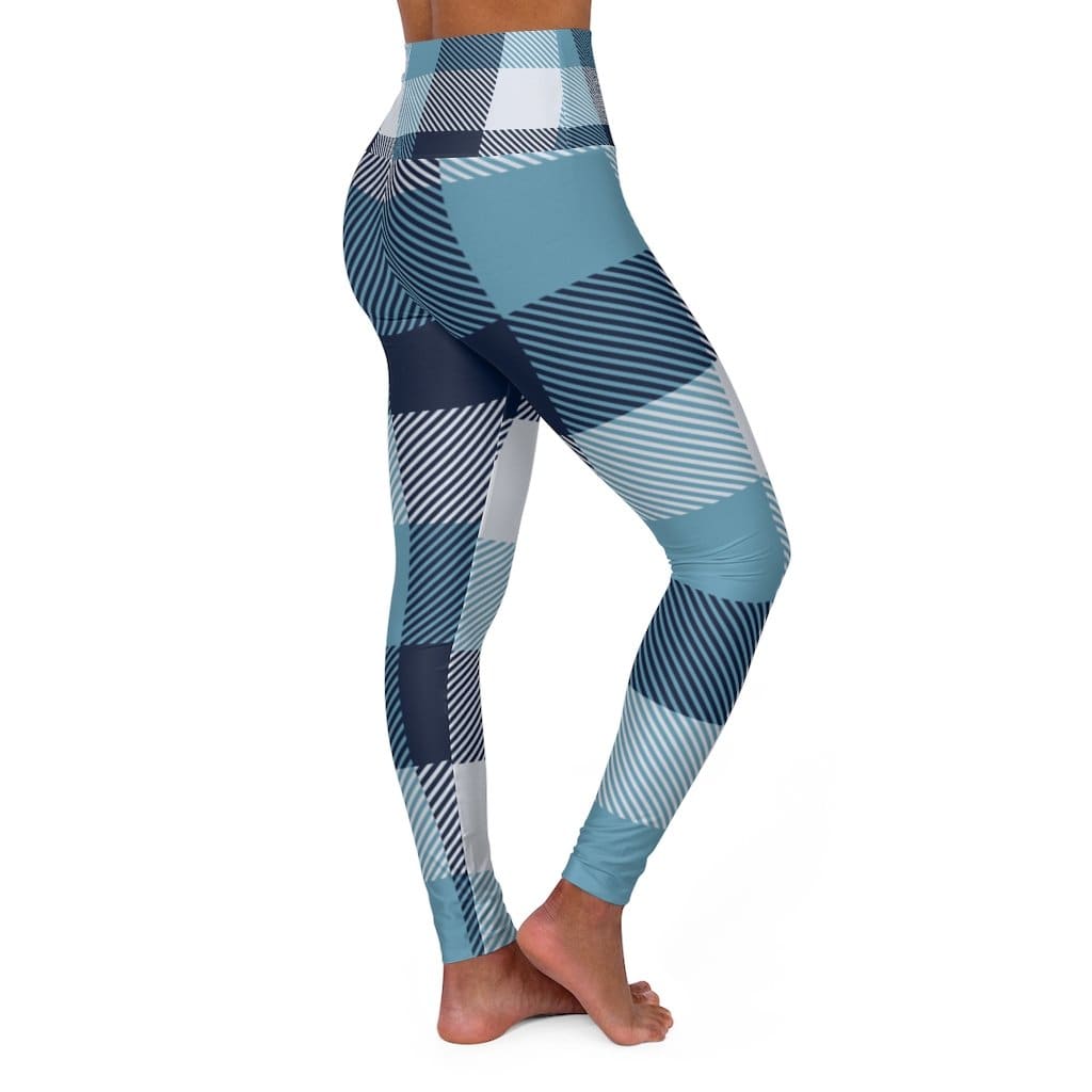 Womens High-waist Fitness Legging Yoga Pants Blue White Plaid - Womens