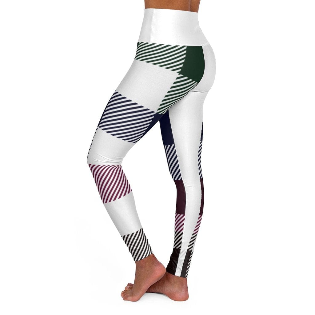 Women’s Yoga Pants White Multicolor Plaid Print High Waist Fitness Leggings -